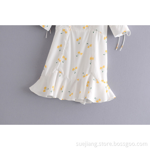 Backless Women's Yellow Cherry Lace-up Mini Dress